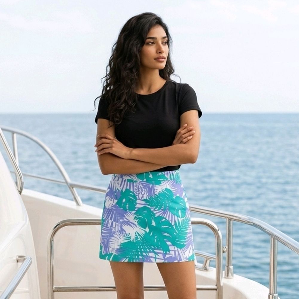 LOFT Tropical Palm Print Pencil Skirt 2 White Green Blue Resort Cruise Twill